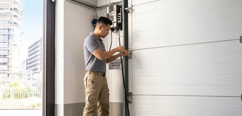 Garage door repair technician fixing a broken residential garage door in Charleston SC